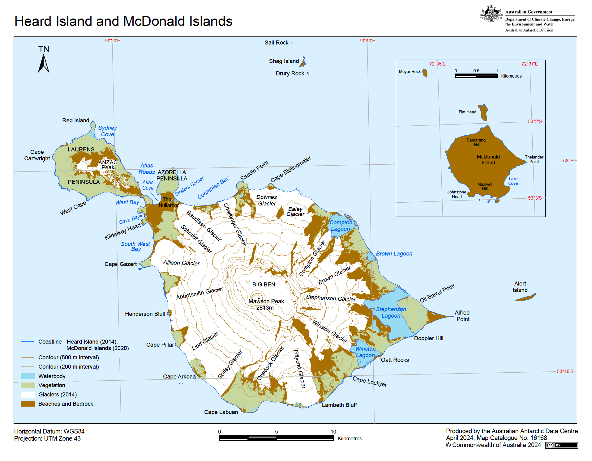 A map of a small island with a very large snow-covered mountain taking up most of the land mass